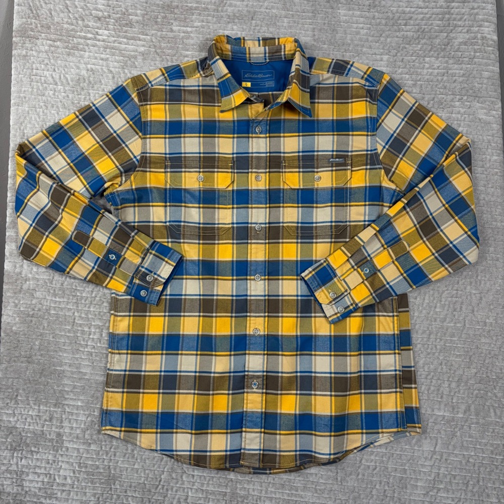 Eddie Bauer Mens Classic Fit Plaid Flannel Shirt‎ Blue Yellow L 13124595